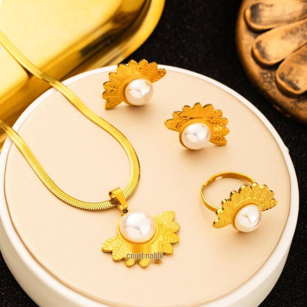 Комплект женских украшений из нержавеющей стали: Не тускнеющее ожерелье, серьги и кольцо - Модные аксессуары