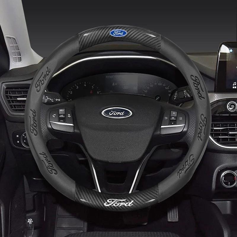 For Ford Mondeo j232 Focus Raptor Puma Edge Explorer Ecosport Ranger F150 Kuga Car AntiSlip Carbon Fiber Leather Steering Wheel Cover