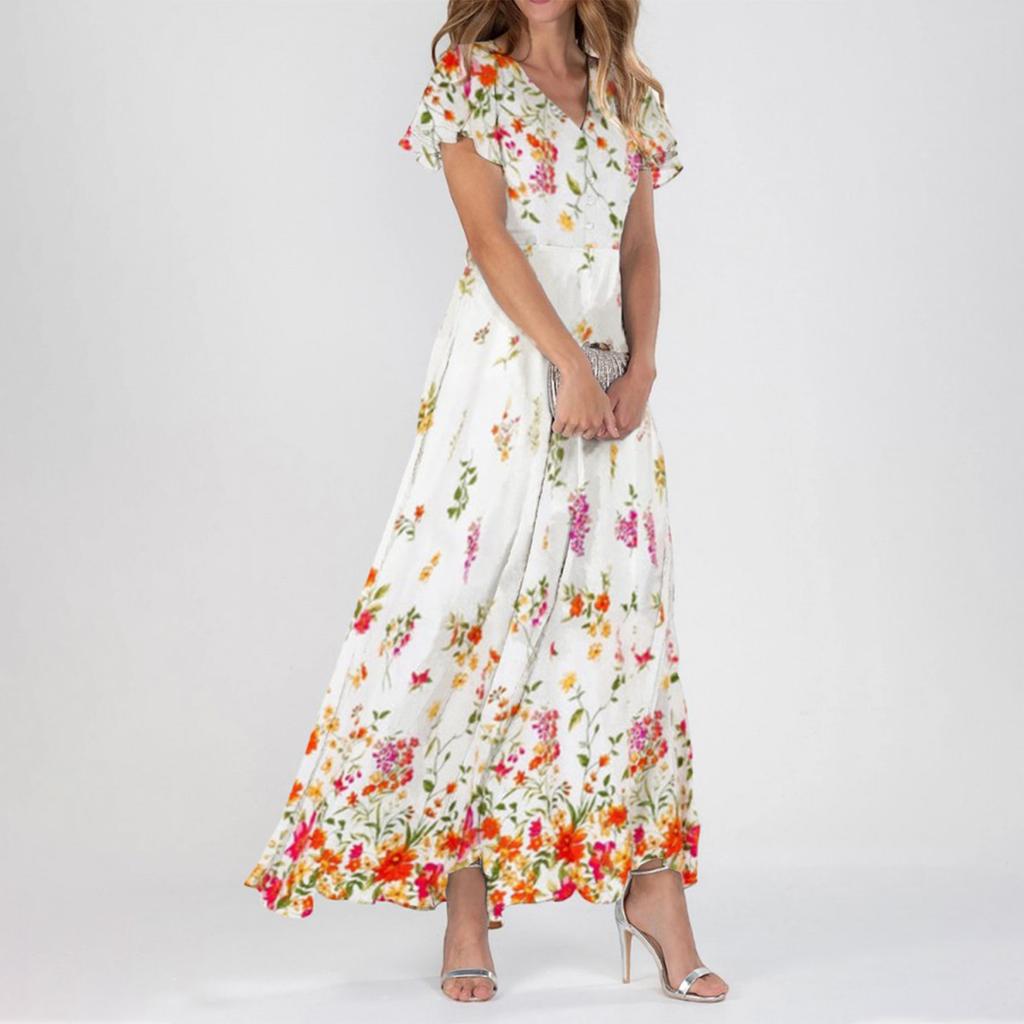 Женские летние платья Повседневные платья макси с короткими рукавами Милые макси-платья с цветочным принтом Платья для гостей свадьбы Шифоновые струящиеся платья