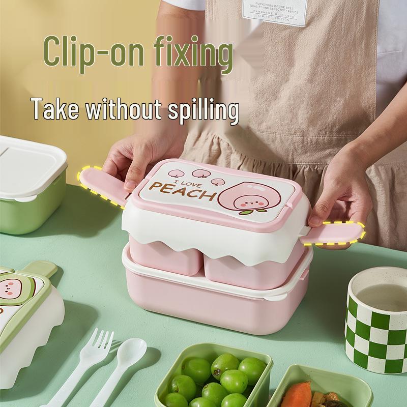 Милый пластиковый ланч-бокс с двумя слоями и столовыми приборами - Разделенные отсеки для детей, студентов и офисного использования, Можно использовать в микроволновой печи