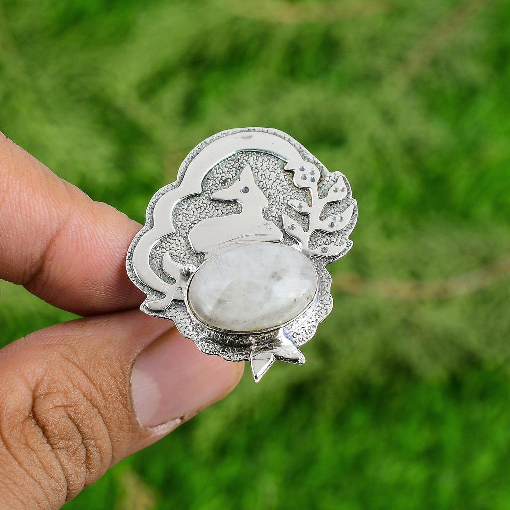 Sterling Silver Natural Rainbow Moonstone Bezel Birthday Statement Ring Jewelry