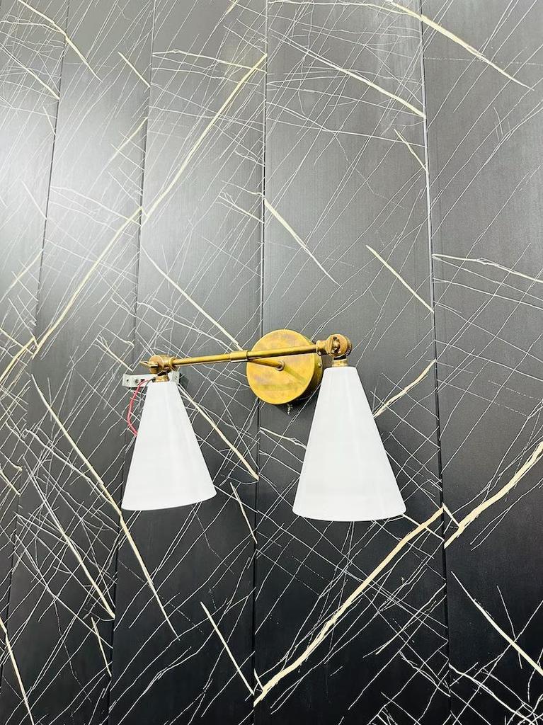 Mid-Century Modern Brass Wall Sconce: Double Cone Vanity Light