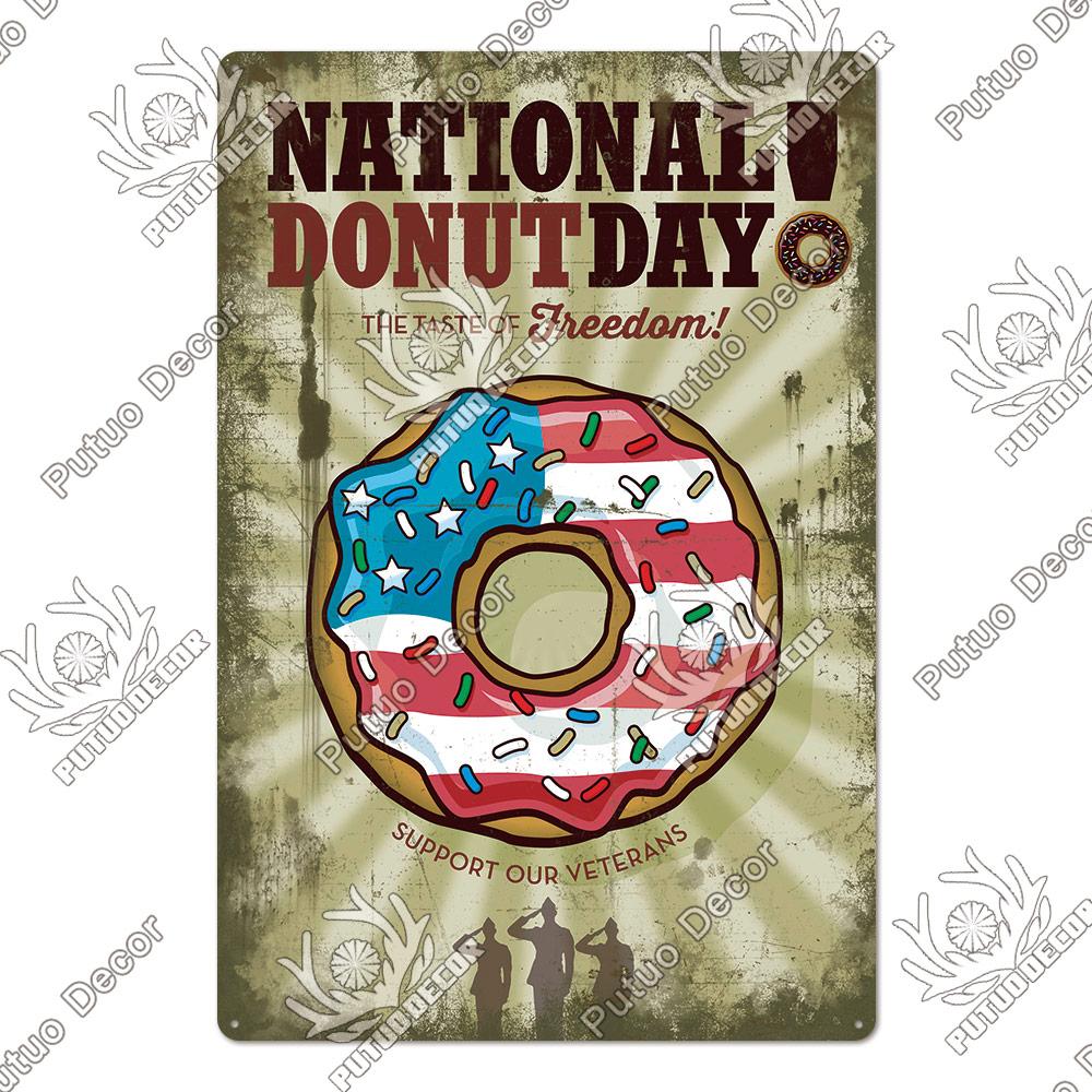 Putuo Decor Donuts Dessert Vintage Plaque Metal Plate Tin Sign Wall Art Decor Retro Poster for Kitchen Cafe Home Iron Painting