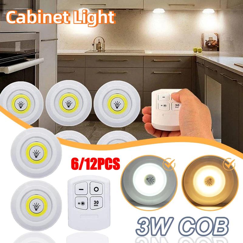 3W Super Bright Cob Under Cabinet Light LED Wireless Remote Control Dimmable Wardrobe Night Lamp Home Bedroom Closet Kitchen