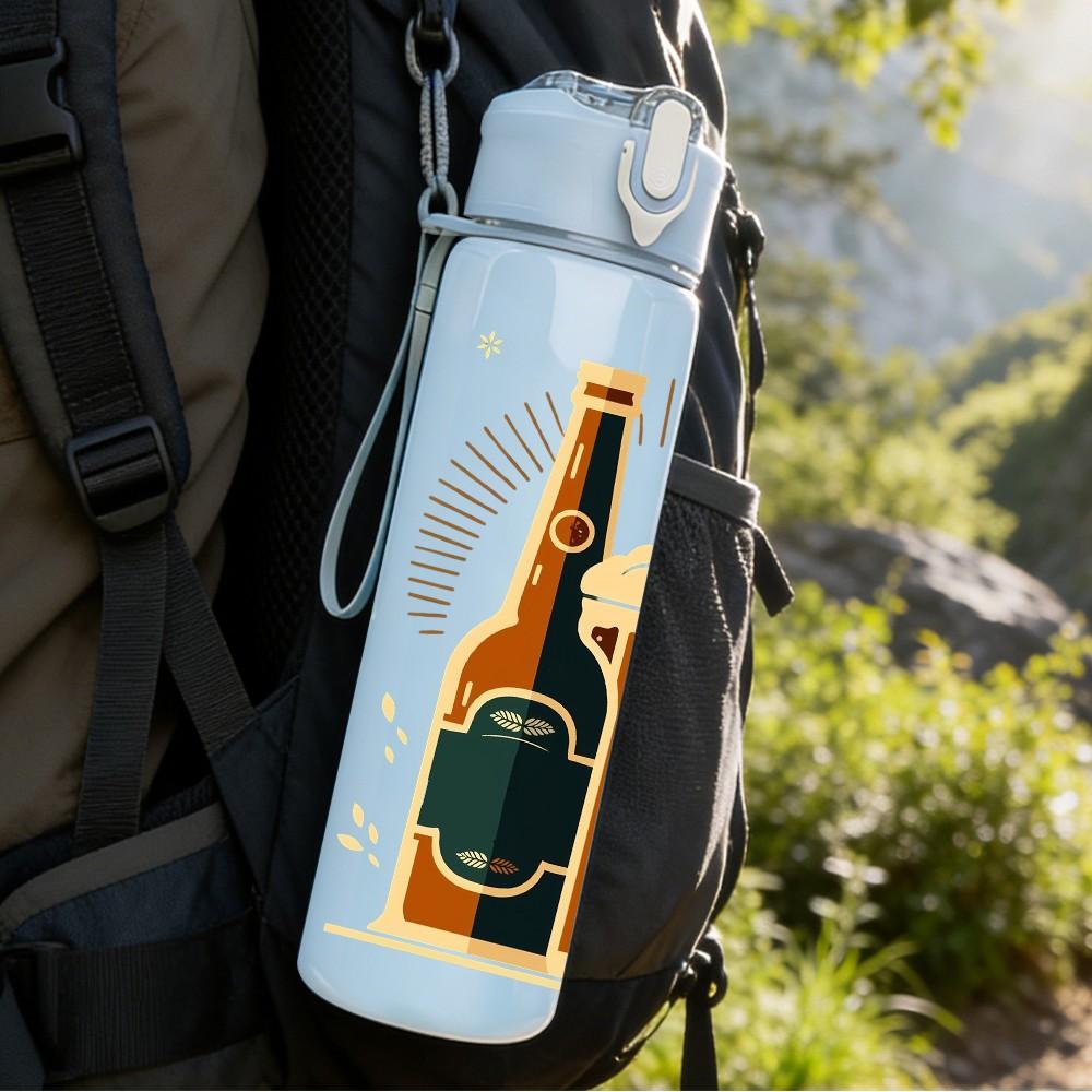 1PC Beer Bottle Glass Vintage Print 750ml Color Plastic Sports Water Bottle Leakproof Flip Straw Lid Suitable for Sports Office Home Use