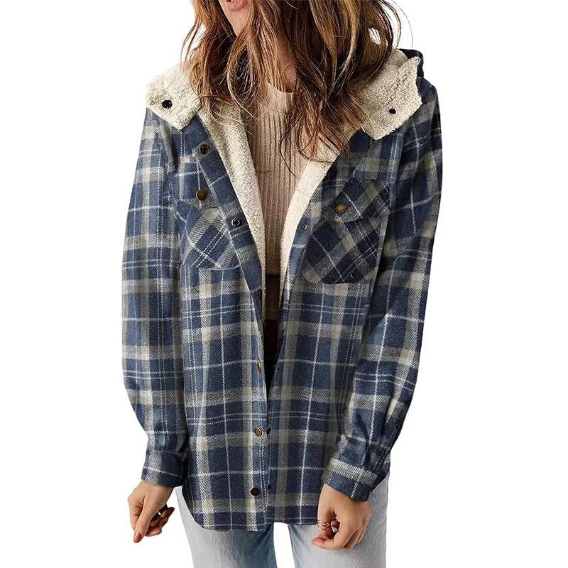 Women's Winter Casual Plaid Hooded Tweed Coat Thickened Padded Warm Jacket Lamb Wool Lining