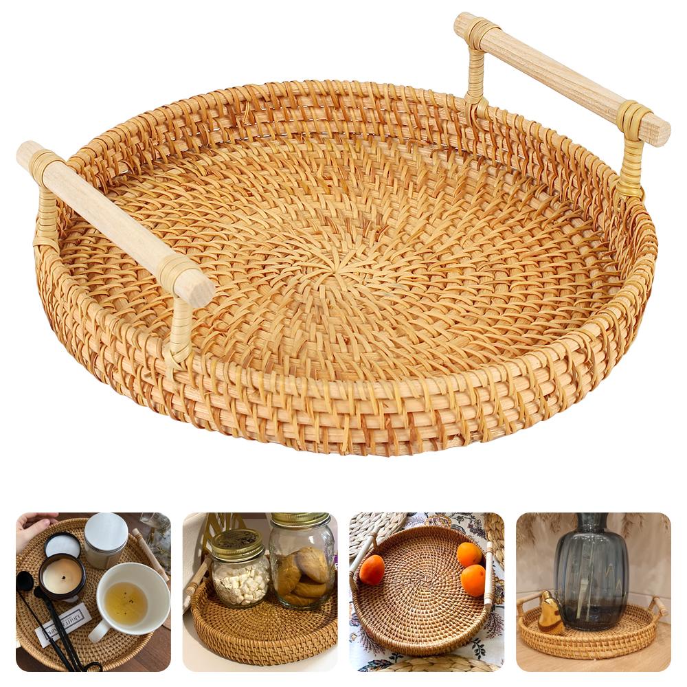 Round Shape With Handle Fruit Cake Wicker Basket Handwoven Rattan Storage Tray Breakfast Bread Food Plate Dinner Serving Tray