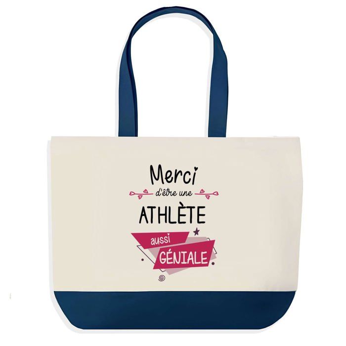 Sac shopping - PLANETEE - Sac shopping fond bleu Merci Athlète Géniale - Coton - 40 x 45 cm - Design graphique