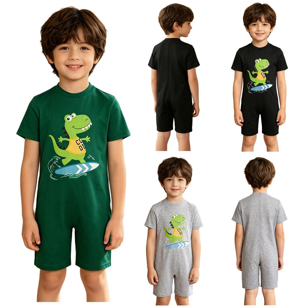 Boys Dinosaur Jumpsuit Short Sleeve Back Invisible Zipper Thigh Length Adaptive Bodysuit Special Needs