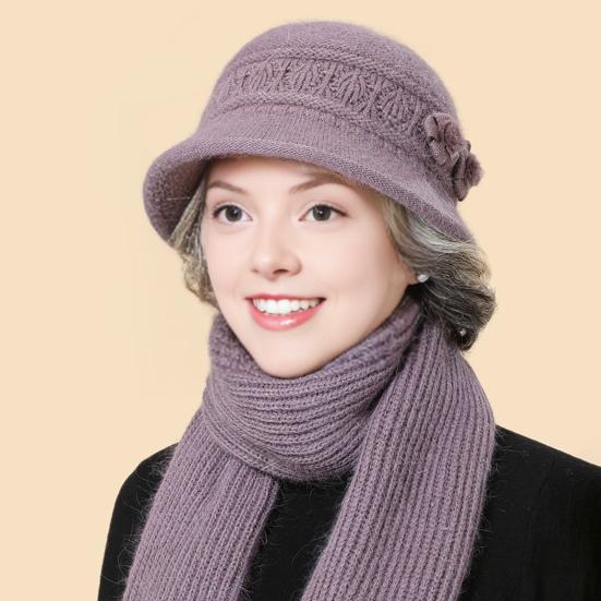 2Pcs/Set Women Hat Scarf Set Solid Color Flower Decor Elastic Knitting Basin Hat Warm Long Scarf Set Cold Weather Accessories