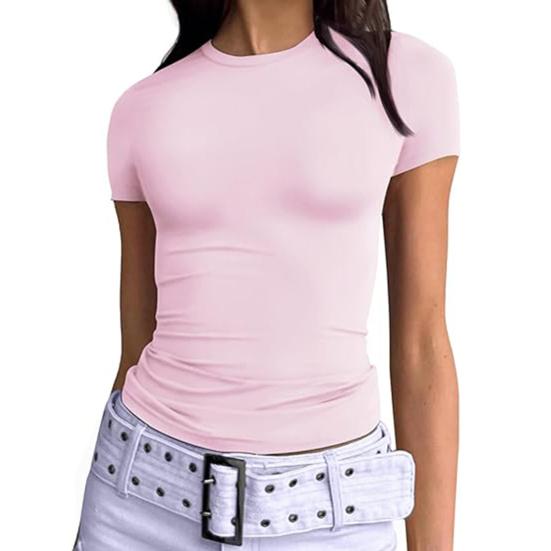 Женская футболка с круглым вырезом и коротким рукавом, однотонная футболка, облегающий летний пуловер, топы, повседневная одежда для работы