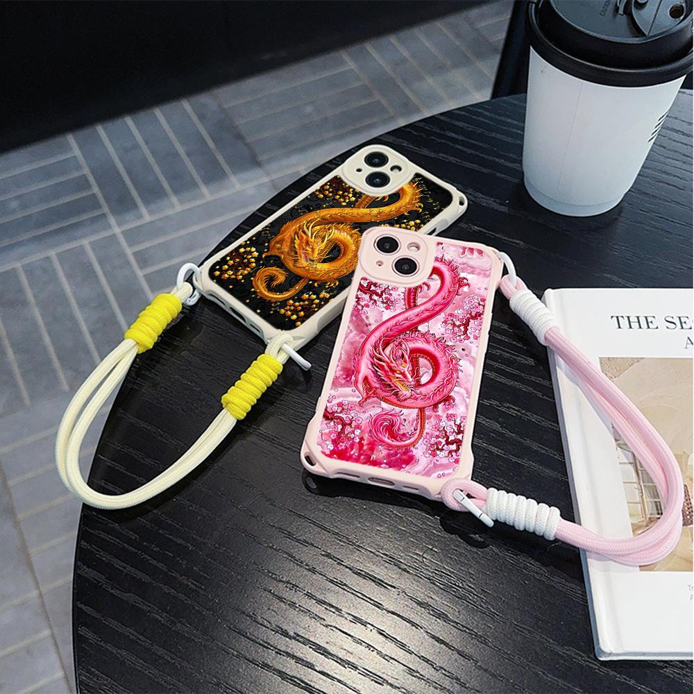 Ae77 Dragon Design Art Soft Phone Cases for iPhone 16 15 14 13 12 11 Pro Max 7 8 Plus XR XS Max with Wrist Strap Lanyard Corner Protection Back Cover