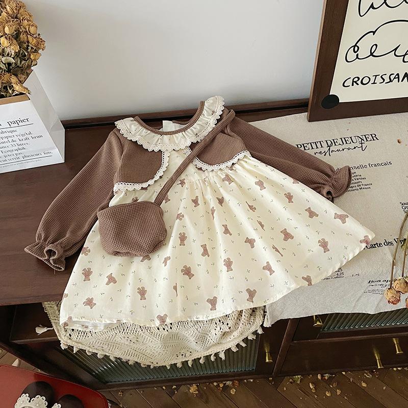 Платье для девочек 2024 года, осеннее милое платье в западном стиле с цветочным принтом