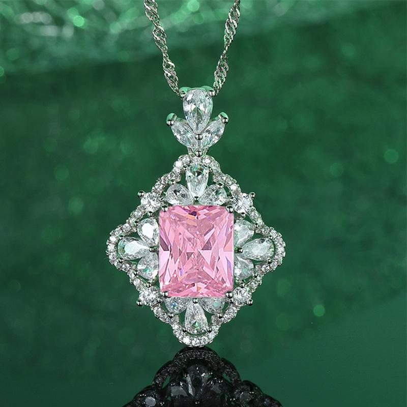 Серебряное ожерелье с квадратным кулоном S925 - Зеленый, Красный, Розовый, Синий варианты для женщин