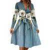 Women's Fashion Casual V-Neck Long Sleeve Waist Floral Print Midi Dress