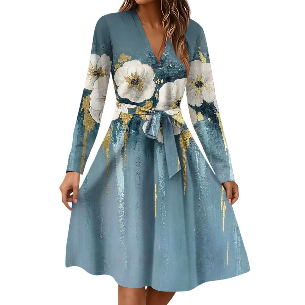 Women's Fashion Casual V-Neck Long Sleeve Waist Floral Print Midi Dress