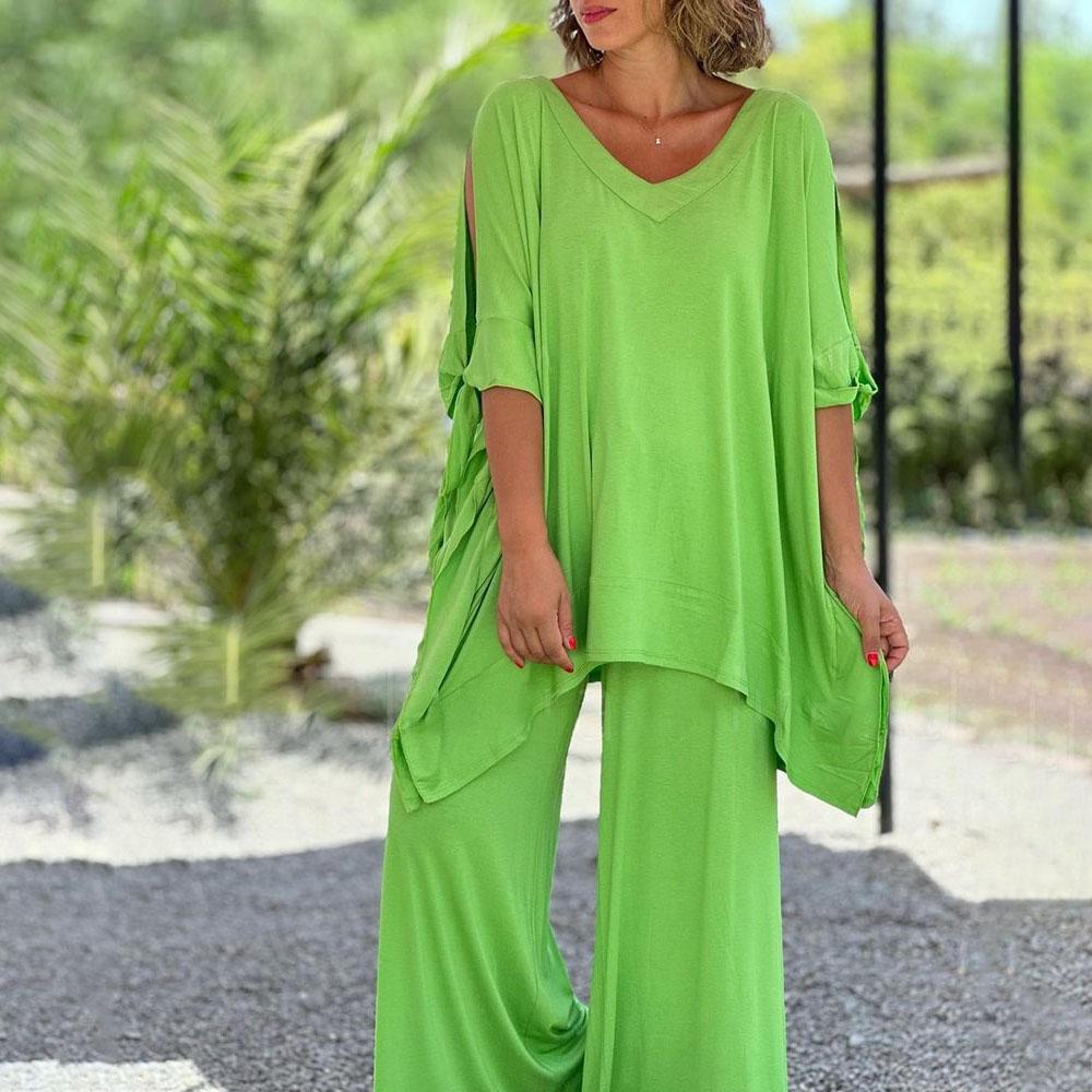 Женский свободный комплект из двух предметов в стиле бохо, повседневный свитер с коротким рукавом и широкими брюками, летние наряды свободного покроя