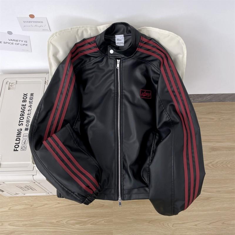 Mens Retro American Style Striped Jacket Black Loose Short PU Biker