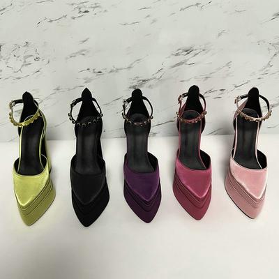2025 Новое Дефиле Женские Одиночные Туфли Лодочки Лето Водная Платформа Толстый Каблук Острый Носок Атласные Туфли на Высоком Каблуке