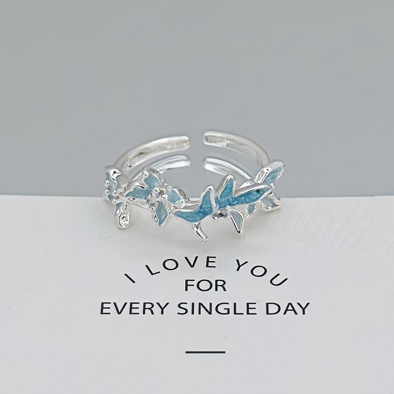 White Delicate Smudging Gray-Green Retro Enamel Butterfly Personalized Opening Ring Female Flower Advanced Sense Super Fairy Ring