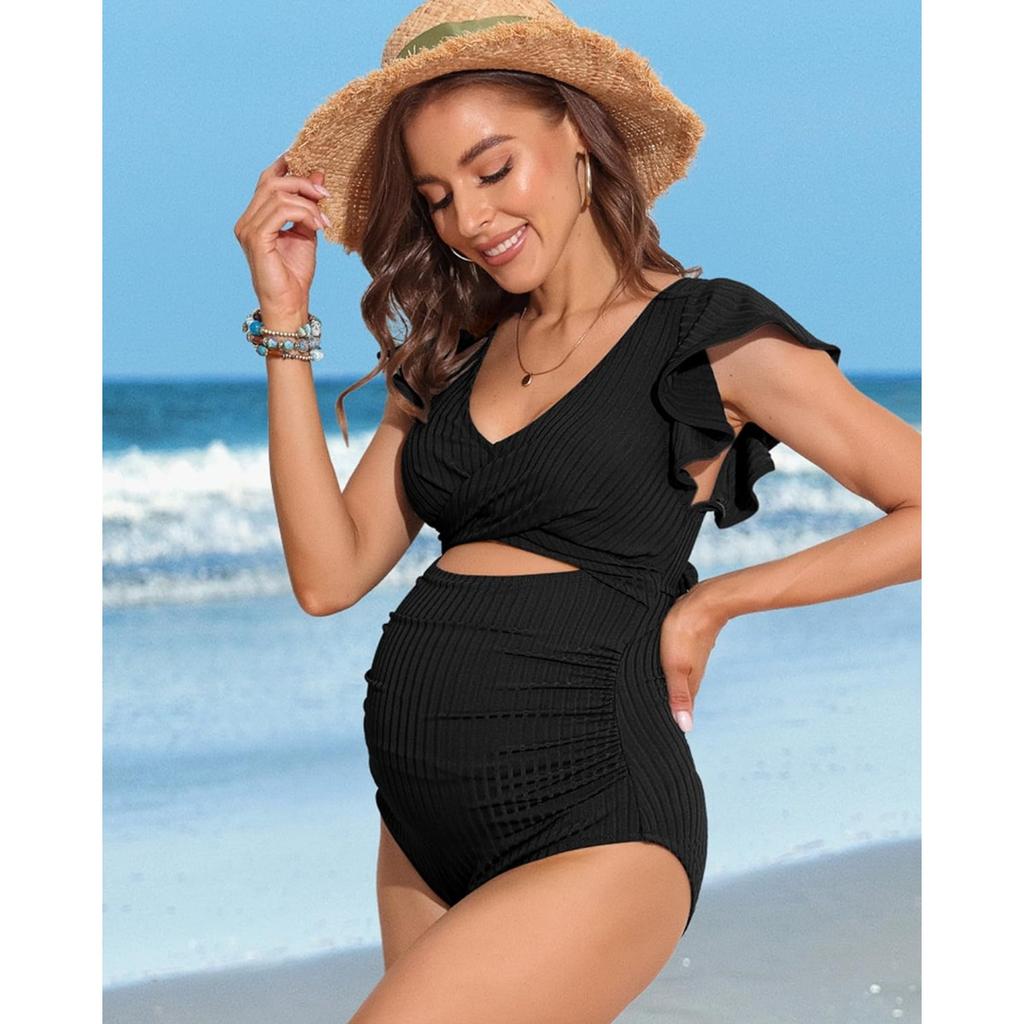 CHARMLEAKS Купальник для беременных в рубчик, цельный купальный костюм с рюшами и рукавами, рюшами и вырезами, завязывающийся узел, купальник для беременных