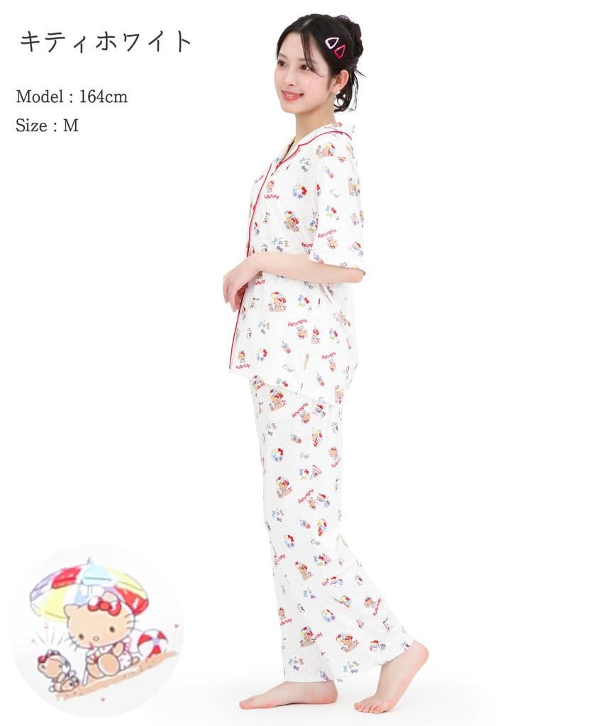 Персиковая футболка Hello Kitty сбоку, короткий длинный верх и низ, домашняя одежда [SAZAC], пижама, 100% хлопок, поплин, женская, рукава, брюки, комплект, домашняя одежда,