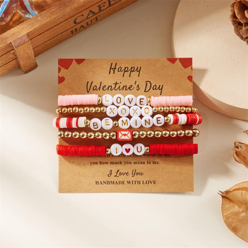 New “LOVE” Pink Heart-shaped Pendant Beaded Elastic Multi-layered Layered Bracelets  for Women Girl Valentine's Day Gift Jewelry