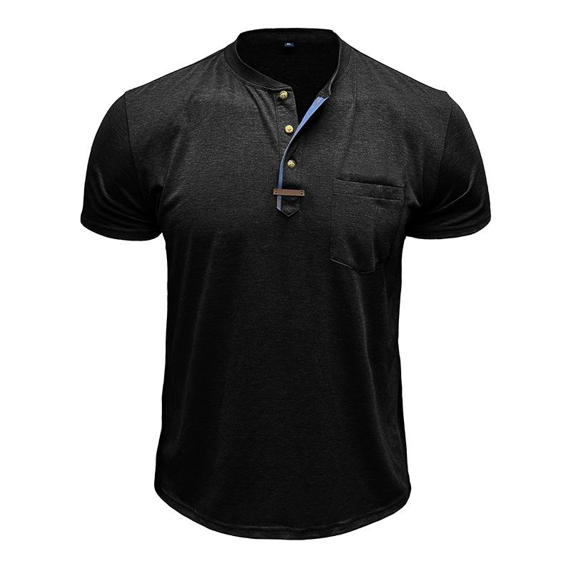 Summer Men's Henry Collar T-Shirts Solid Color Short Sleeve Tees Tops Men