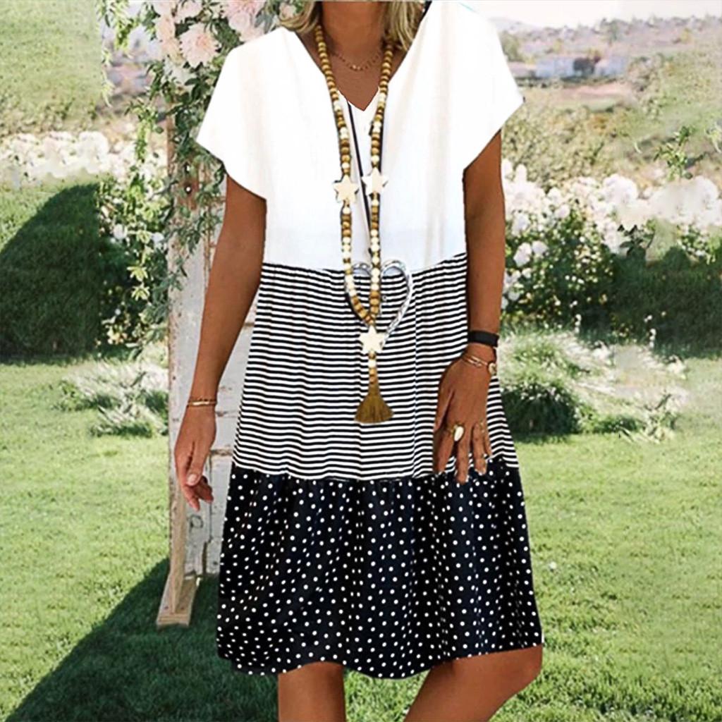 Модное женское повседневное свободное платье в полоску в горошек с v-образным вырезом и короткими рукавами