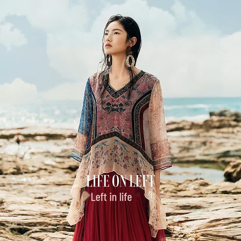 Bohemian Style Pure Silk Floral V-Neck Blouse