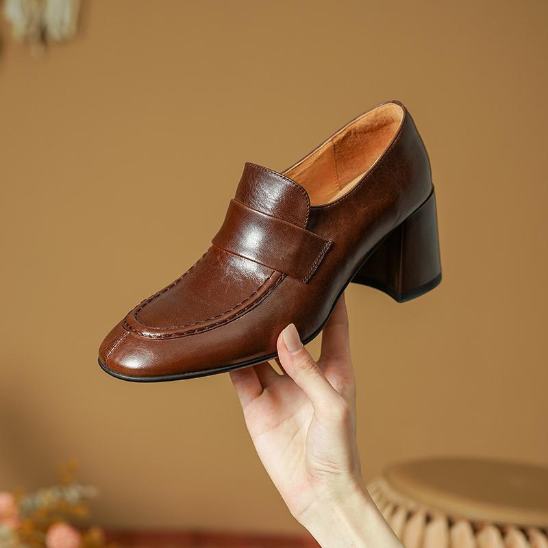 Базовые туфли-лодочки в стиле ретро для женщин, весна-лето, круглый носок, толстый каблук, женские туфли-лодочки из натуральной кожи для работы, для зрелых офисных леди 2024