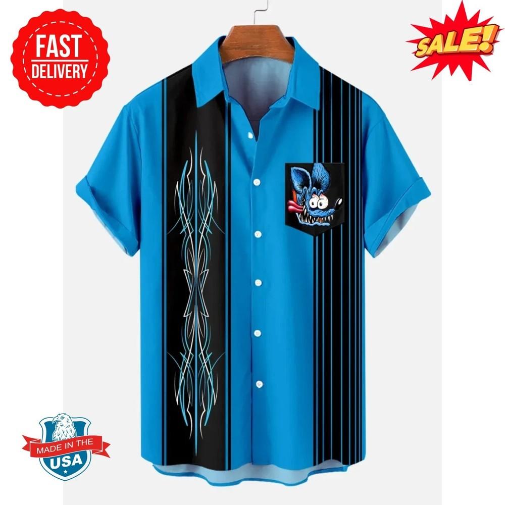 Гавайская рубашка RatFink – Ретро-стиль мультфильмов про драг-рейсинг с ярким рисунком пламени, унисекс футболка