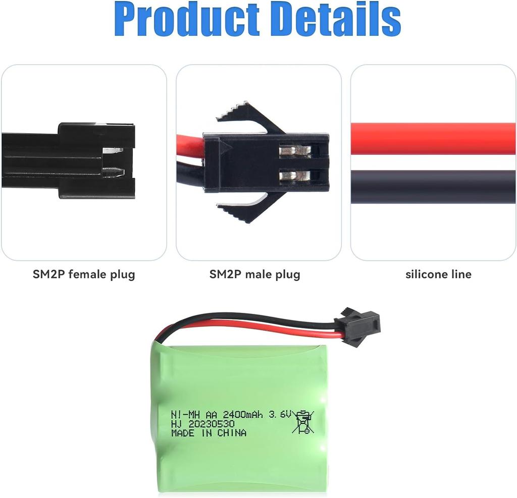 3.6V 2400mAh Ni-MH AA Rechargeable Battery with USB Charging Cable and SM-2P Connector – Ideal for RC Toys, Lighting, and Power Tools