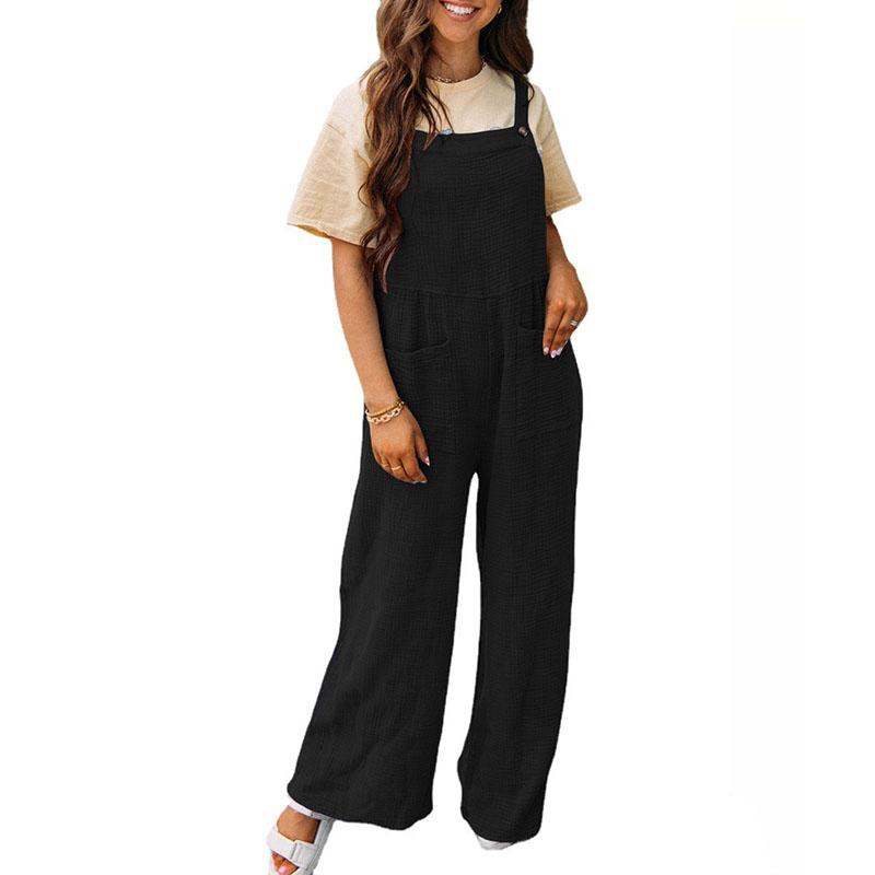 Summer Women's Jumpsuit Casual Solid Color Pocket Square Neck Loose Straps Jumpsuit Backpacking Pants