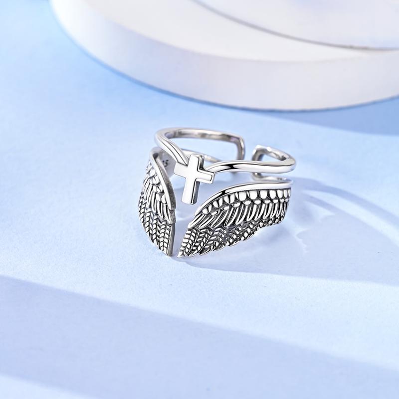 925 Sterling Silver Vintage Angel Wings & Cross Double Band Ring Adjustable Open Ring for Women Girls Daily Wear Jewelry Gift