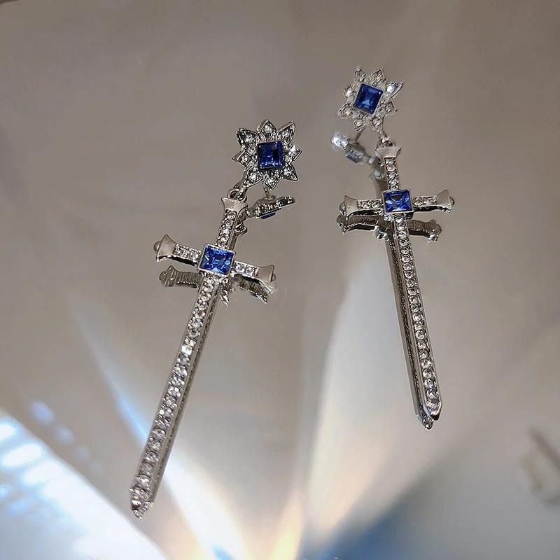 JWER Vintage Shine Crystal Zircon Cross Drop Earring For Women Girl Fashion Rhinestone Sword Earrings Punk Female Party Jewelry