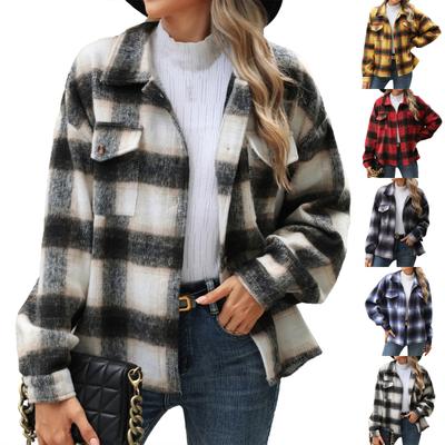 Женская свободная повседневная клетчатая шерстяная куртка с длинными рукавами и лацканами, модная куртка