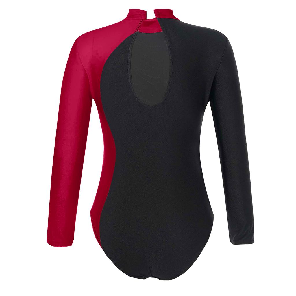 Girls Mock Neck Long Sleeve Ballet Leotard Shiny Faux Diamonds Adorned Keyhole Back Ice Skating Jumpsuit