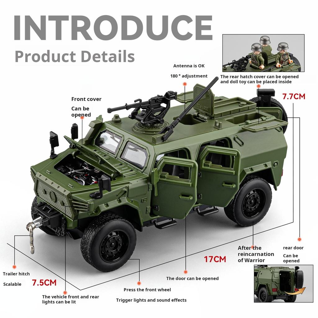 1/32 Dongfeng Mengshi Simulation Alloy Military Off-Road Armored Vehicle Model Pull Back Collectible Desktop Ornament