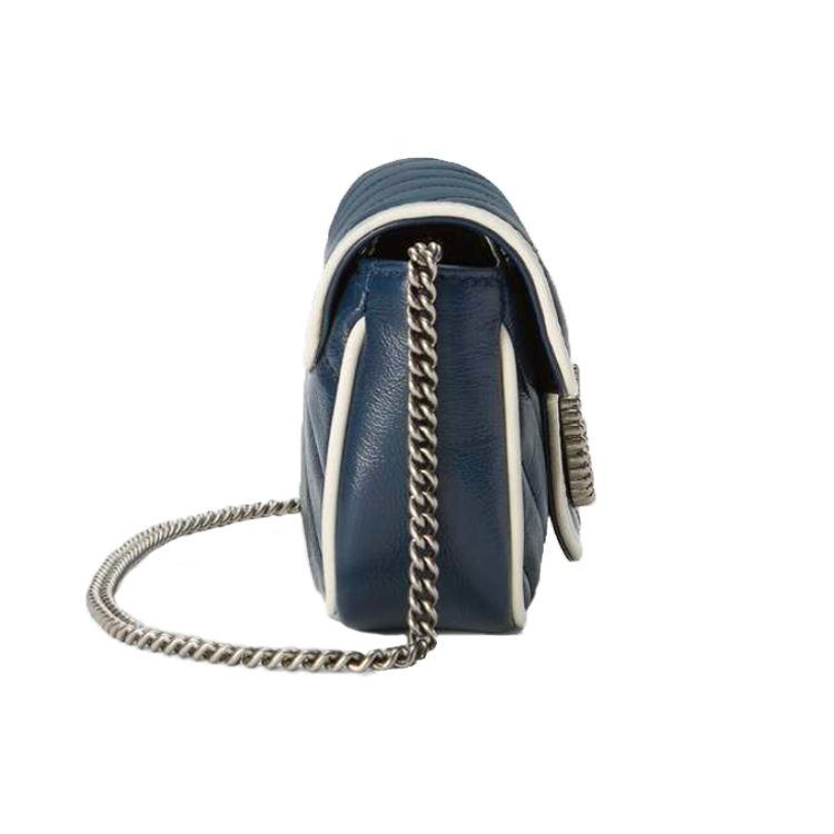Gucci Мини-сумка на цепочке Gucci Marmont с стежкой «шеврон» из темно-синей кожи с белой отделкой для женщин, роскошная, для повседневного использования