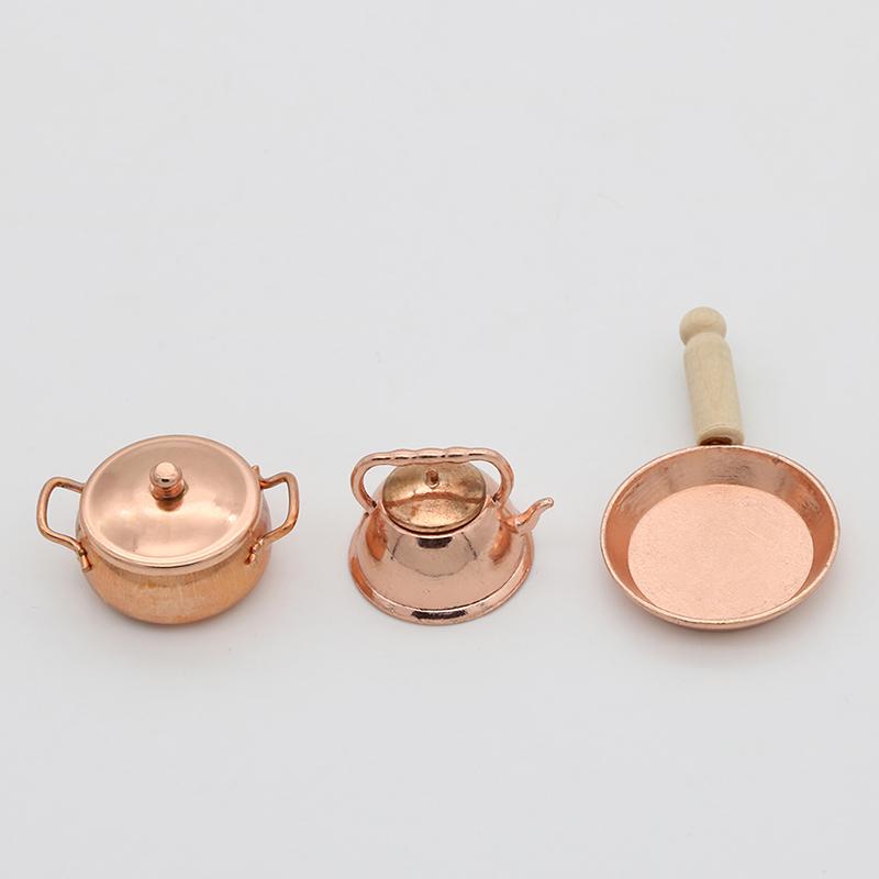 1:12 Dollhouse Miniature Bronze Frying Pan Pot Kettle Cooking Kit