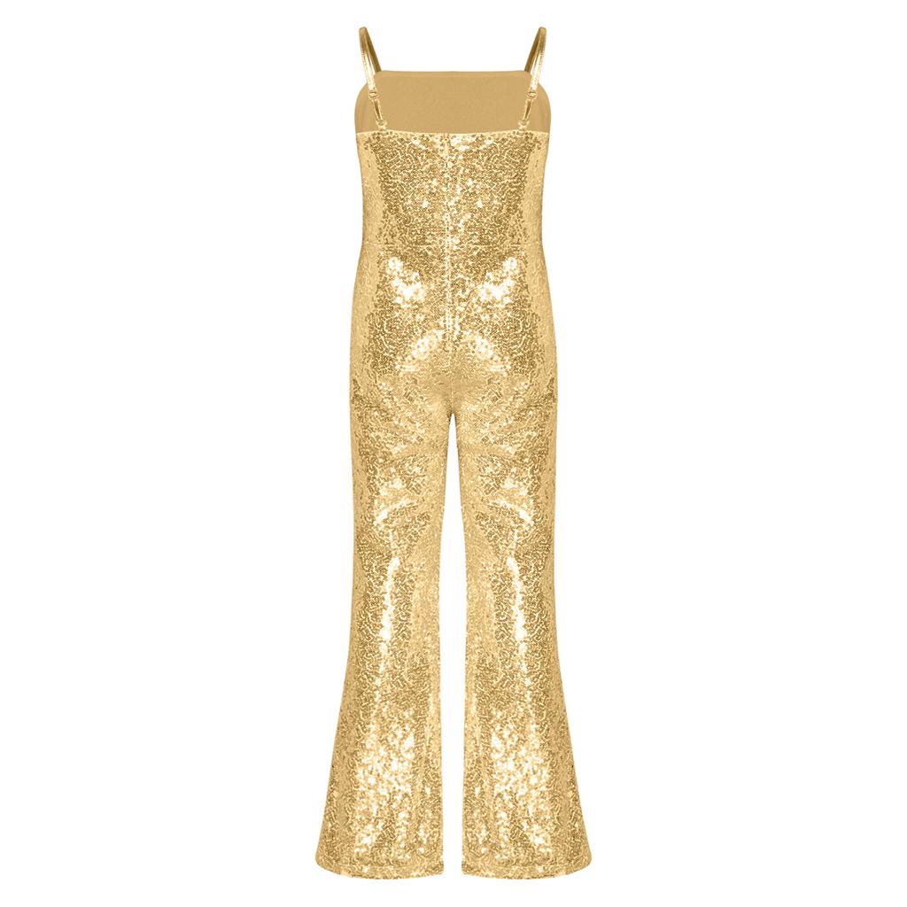 Girls Character Cosplay Costume Spaghetti Straps Bell Bottom Shiny Sequins Zipper Jumpsuit Movie Role Play Dress