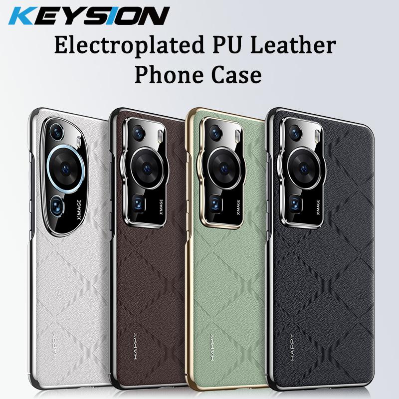 KEYSION Grid Pattern PU Leather Case for Huawei P60 P60 Pro Plating PC Camera Protection Phone Back Cover for Huawei P60 Pro
