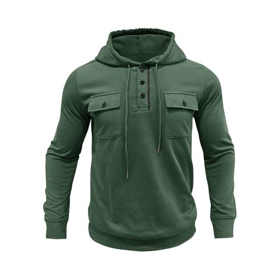 Fall Spring Men Top Drawstring Chest Pockets Buttoned Hooded Long Sleeves Pure Color Elastic