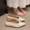 Beige Pointed Single Shoes Women's New Small Inner Height Increase Flats Versatile Bow Evening Shoes