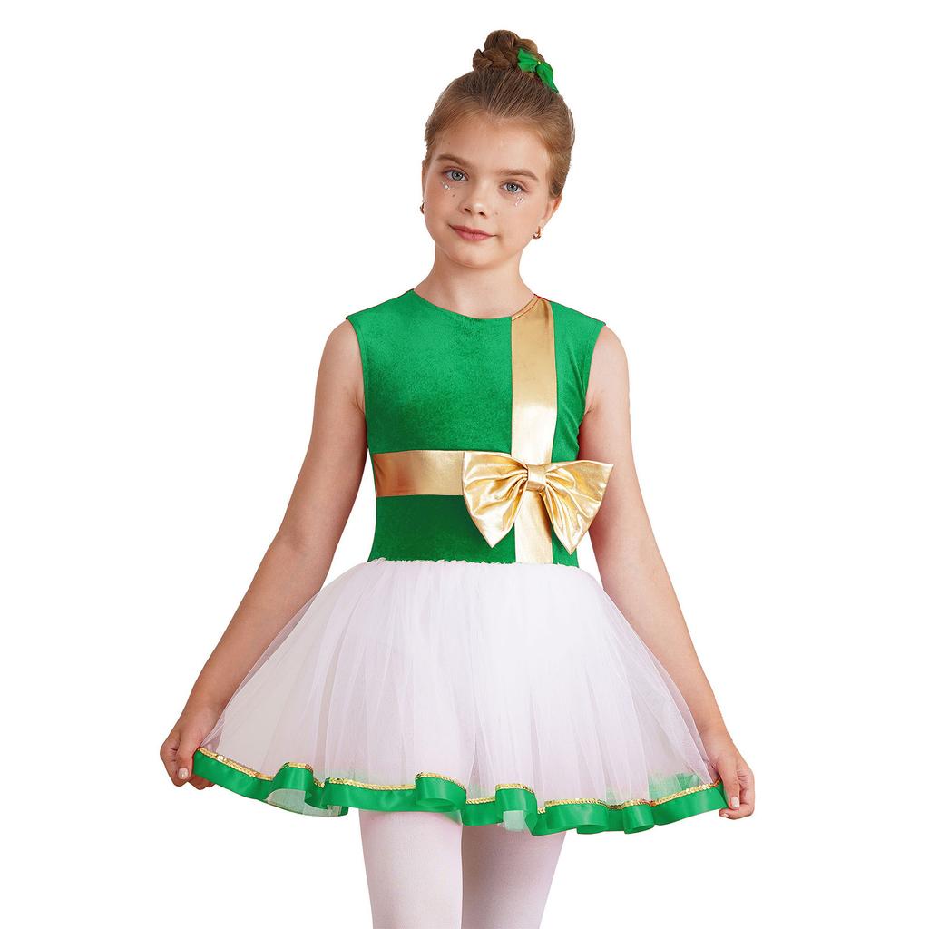 Girls Christmas Dance Dress Sleeveless Keyhole Back Patchwork Bow Sequin Design Leotard Party Costume Santa Theme