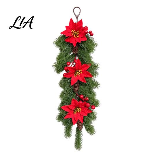 Winter Seasonal Wall Hanging European Christmas Vine, Artificial Door Wreath Garland Evergreen Porch Railing Decoration with Plastic Decor,