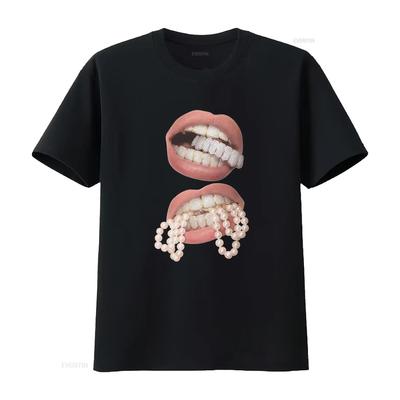 Двойные Жемчужные Grillz Губы Коробка Хлопковая Футболка Opium Y2K Мода Уличная Одежда Круглый Вырез винтажный Стиранный Мягкий Повседневная уличная одежда