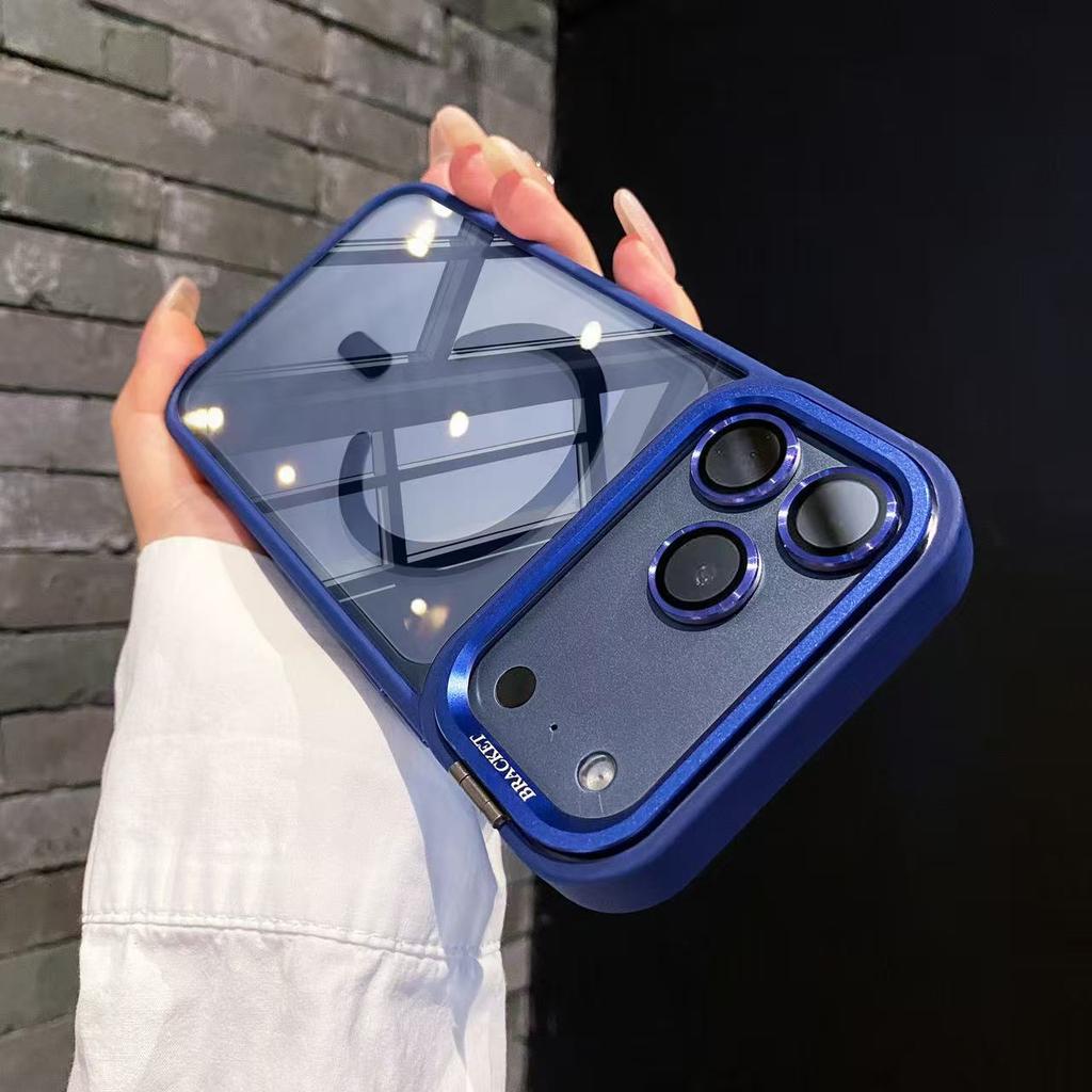 Metal Lens Stand Magnetic Case For 17 Pro Max 16 15 Plus 14 13 12 11 Air Magsafe Lens Glass Film Clear Phone Holder Case