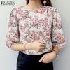 Women Casual Round Neck 3/4 Sleeve Loose Floral Blouse